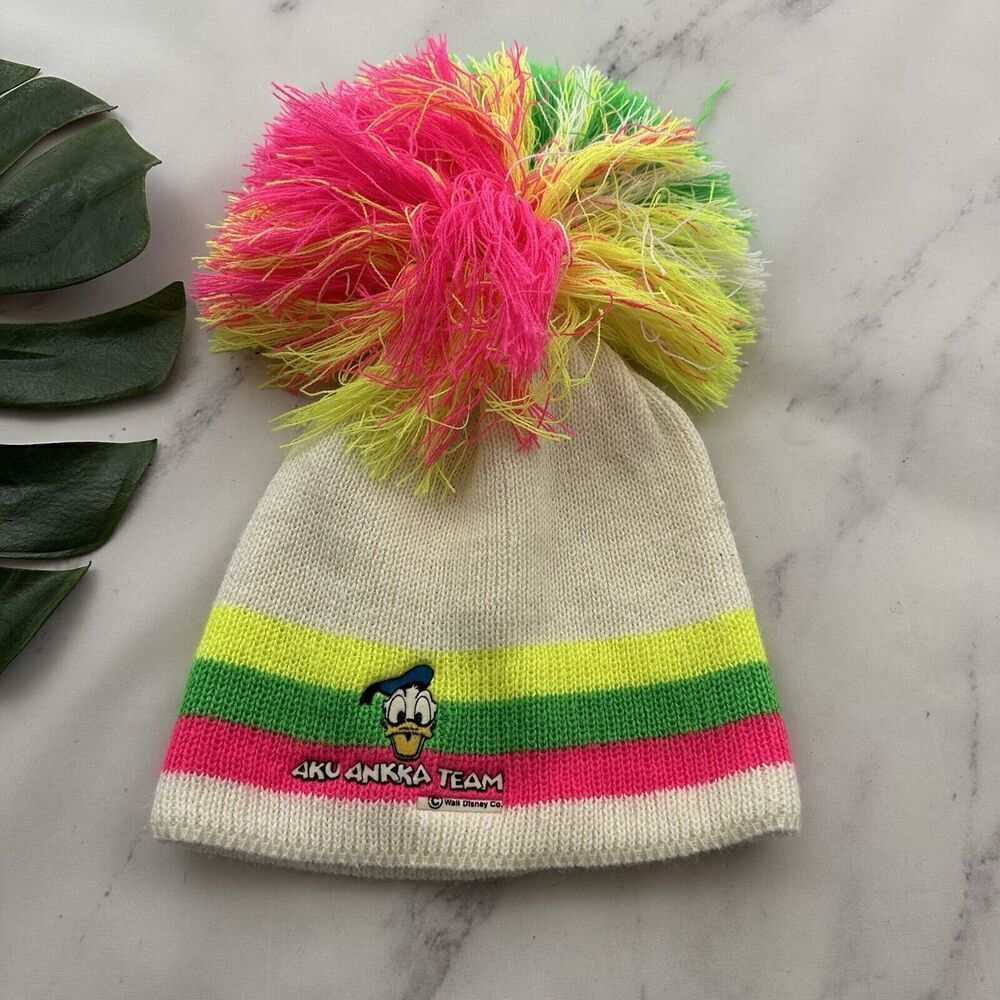 Vintage Disney Finland Aku Ankka Team Donald Duck Pom Pom Beanie Hat Neon Stripe